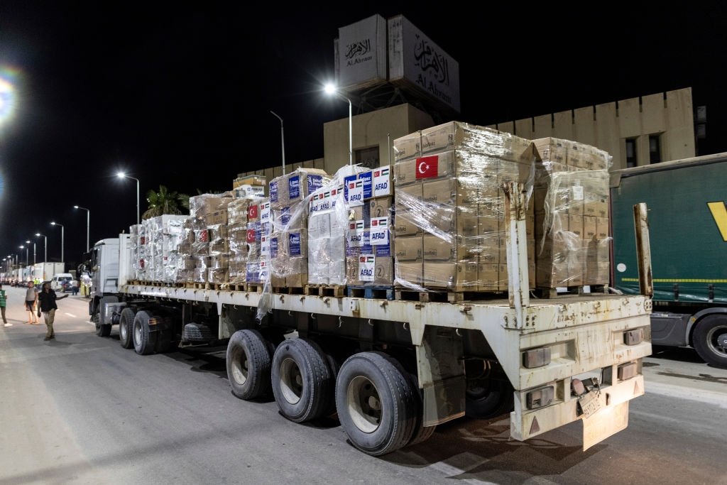 Aid convoy trucks loaded with supplies from Türkiye wait for the opening of the Gaza-Egypt border, North Sinai, Egypt, Oct. 15, 2023. (Getty Images)