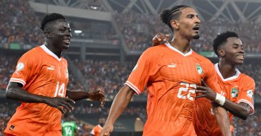 Ivory Coast&#039;s Sebastien Haller (C) celebrates scoring his team&#039;s second goal during the AFCON 2023 final against Nigeria at Alassane Ouattara Olympic Stadium in Ebimpe, Abidjan, Ivory Coast, Feb. 11, 2024. (AFP Photo)
