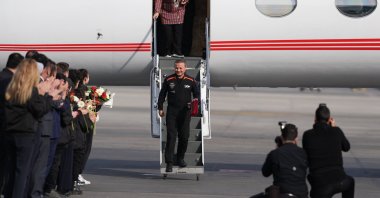 Alper Gezeravcı, Türkiye's first astronaut, exits a plane as he arrives in Ankara, Türkiye, Feb. 12, 2024. (AA Photo)