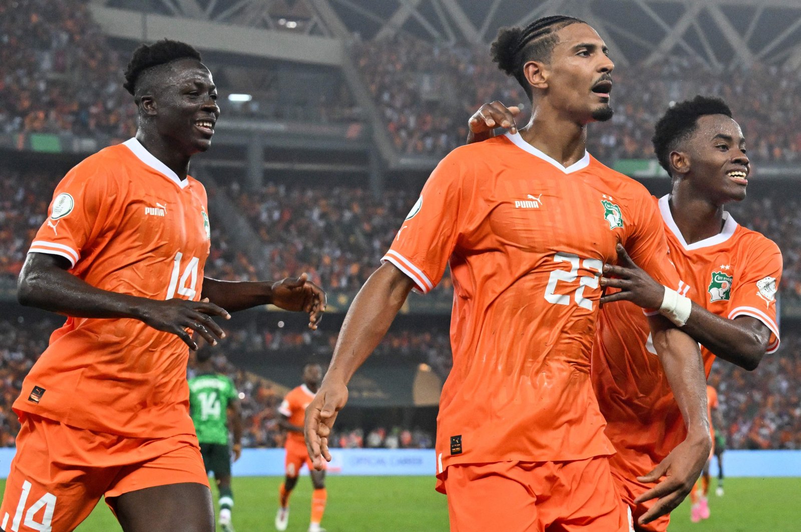 Ivory Coast&#039;s Sebastien Haller (C) celebrates scoring his team&#039;s second goal during the AFCON 2023 final against Nigeria at Alassane Ouattara Olympic Stadium in Ebimpe, Abidjan, Ivory Coast, Feb. 11, 2024. (AFP Photo)