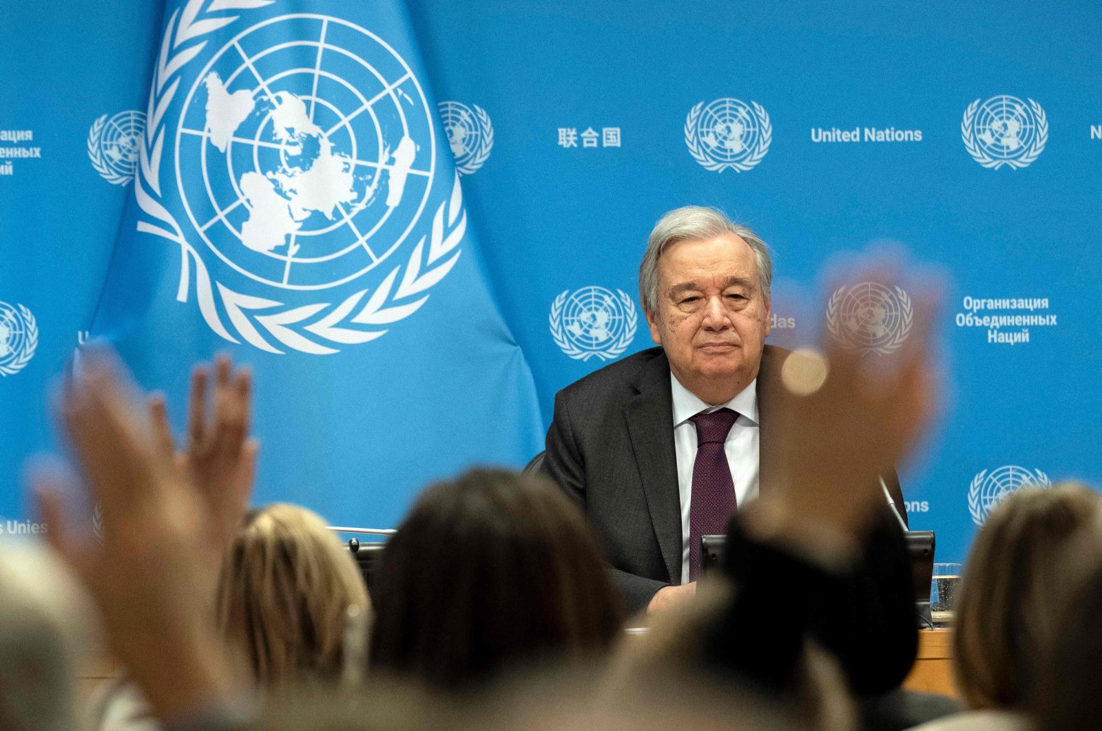 U.N. Secretary-General Antonio Guterres takes questions while speaking on his priorities for 2024 during a press briefing at U.N. headquarters, in New York, U.S., Feb. 8 , 2024. (AFP Photo)