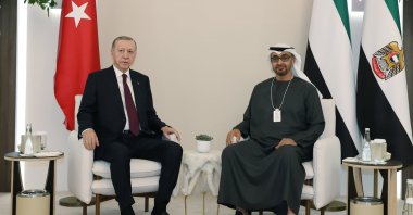 President Recep Tayyip Erdoğan (L) meets his Emirati counterpart Sheikh Mohammed bin Zayed Al Nahyan on the sidelines of the World Governments Summit in Dubai, United Arab Emirates (UAE), Feb. 13, 2024. (AA Photo)