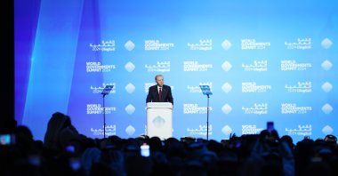 President Recep Tayyip Erdoğan speaks at the summit, Dubai, UAE, Feb. 13, 2024. (AA Photo)