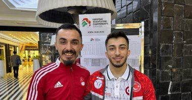 Turkish weightlifters Muammer Şahin (L) and Harun Algül pose for a photo ahead of the European Weightlifting Championship, Sofia, Bulgaria, Feb. 13, 2024. (AA Photo)
