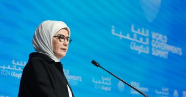 First Lady Emine Erdoğan speaks at the World Governments Summit in Dubai, the UAE, Feb. 13, 2024. (AA Photo)