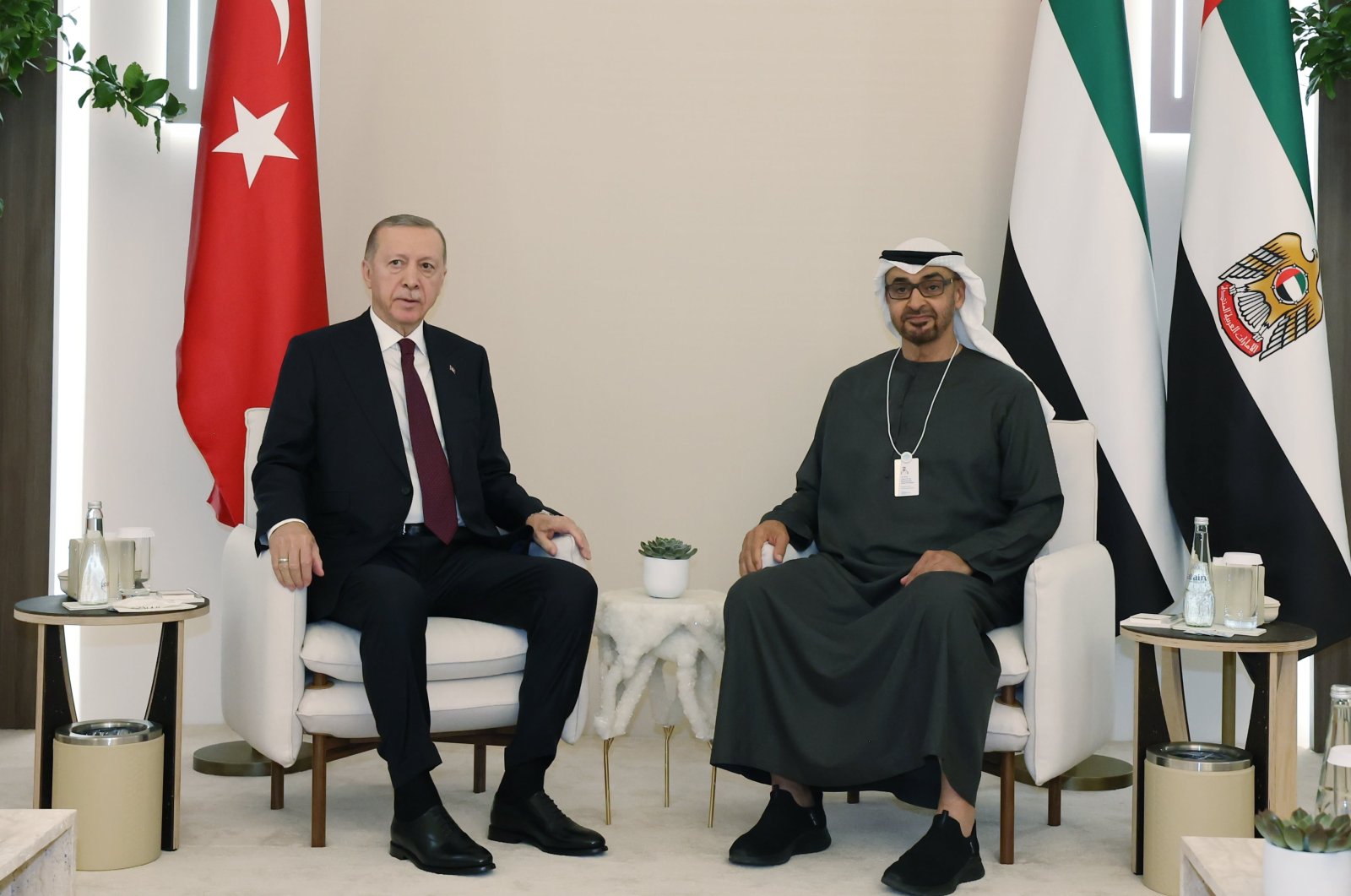 President Recep Tayyip Erdoğan (L) meets his Emirati counterpart Sheikh Mohammed bin Zayed Al Nahyan on the sidelines of the World Governments Summit in Dubai, United Arab Emirates (UAE), Feb. 13, 2024. (AA Photo)