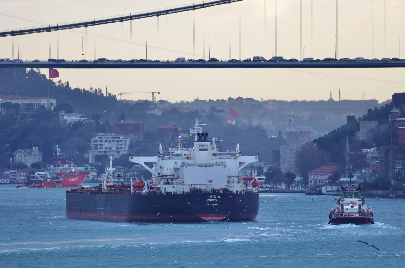 A Liberia-flagged tanker transits the Bosporus, Istanbul, Türkiye, Jan. 21, 2024. (Reuters Photo)