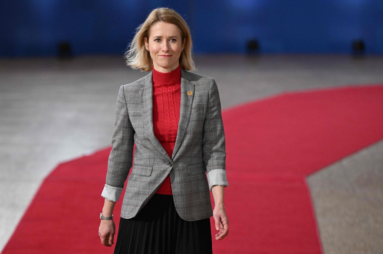 Estonia&#039;s Prime Minister Kaja Kallas arrives to attend a European Council meeting at the European headquarters in Brussels, on Feb. 1, 2024. (AFP Photo)