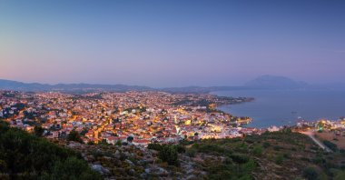An aerial view of the scenic seaside town of Datça, Reşadiye Peninsula, Türkiye.