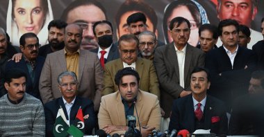 Pakistan Peoples Party (PPP) chairman Bilawal Bhutto Zardari (C) speaks during a press conference in Islamabad, Pakistan, Feb. 13, 2024. (AFP Photo)