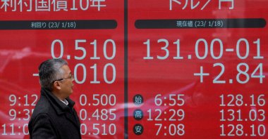 A man looks at electric monitors displaying Japan's 10-year government bond yield on gilts and the exchange rate between the Japanese yen against the U.S. dollar outside a brokerage in Tokyo, Japan, Jan. 18, 2023. (Reuters Photo)