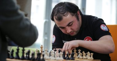 Visually impaired Turkish chess player Muhammet Balcı plays during a practice session, Bursa, Türkiye, Jan. 16, 2024. (AA Photo)
