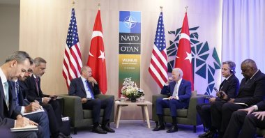 President Recep Tayyip Erdoğan and his U.S. counterpart Joe Biden (R) meet on the sidelines of the NATO summit in Vilnius, Lithuania, July 11, 2023. (AP Photo)