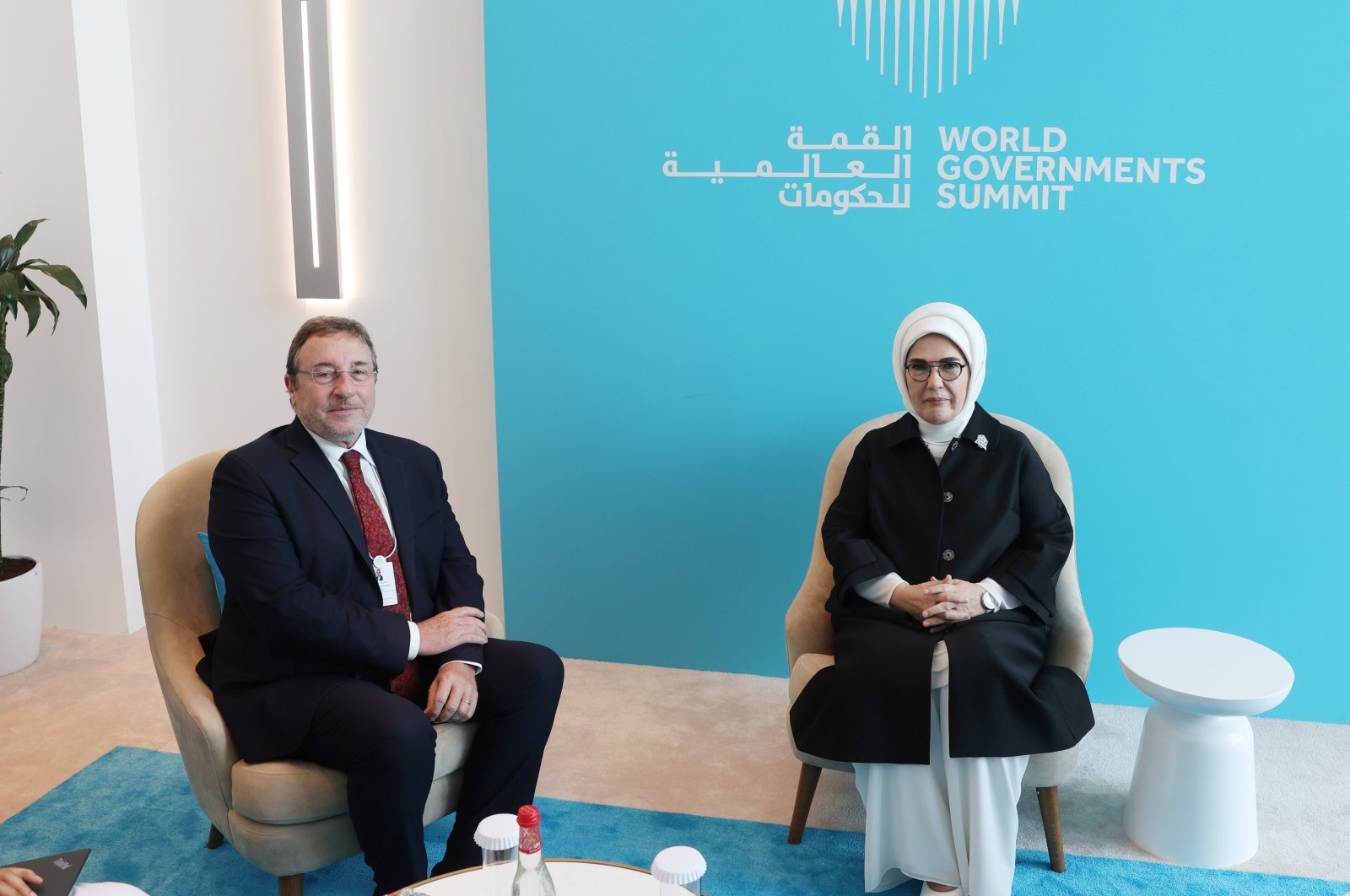 First lady Emine Erdoğan meets U.N. Development Program (UNDP) Administrator Achim Steiner in Dubai, United Arab Emirates, Feb. 14, 2024. (AA Photo)