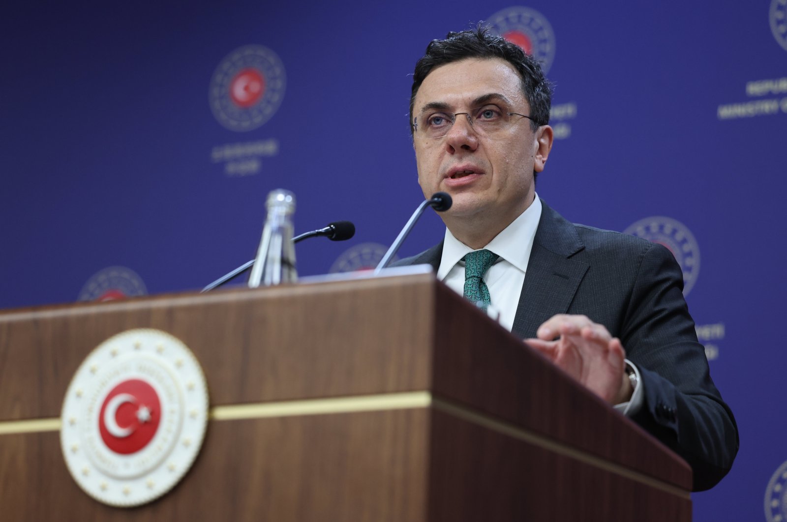 Foreign Ministry spokesperson Öncü Keçeli is seen speaking to journalists at the ministry in the capital Ankara, Feb.14, 2024 (AA Photo)
