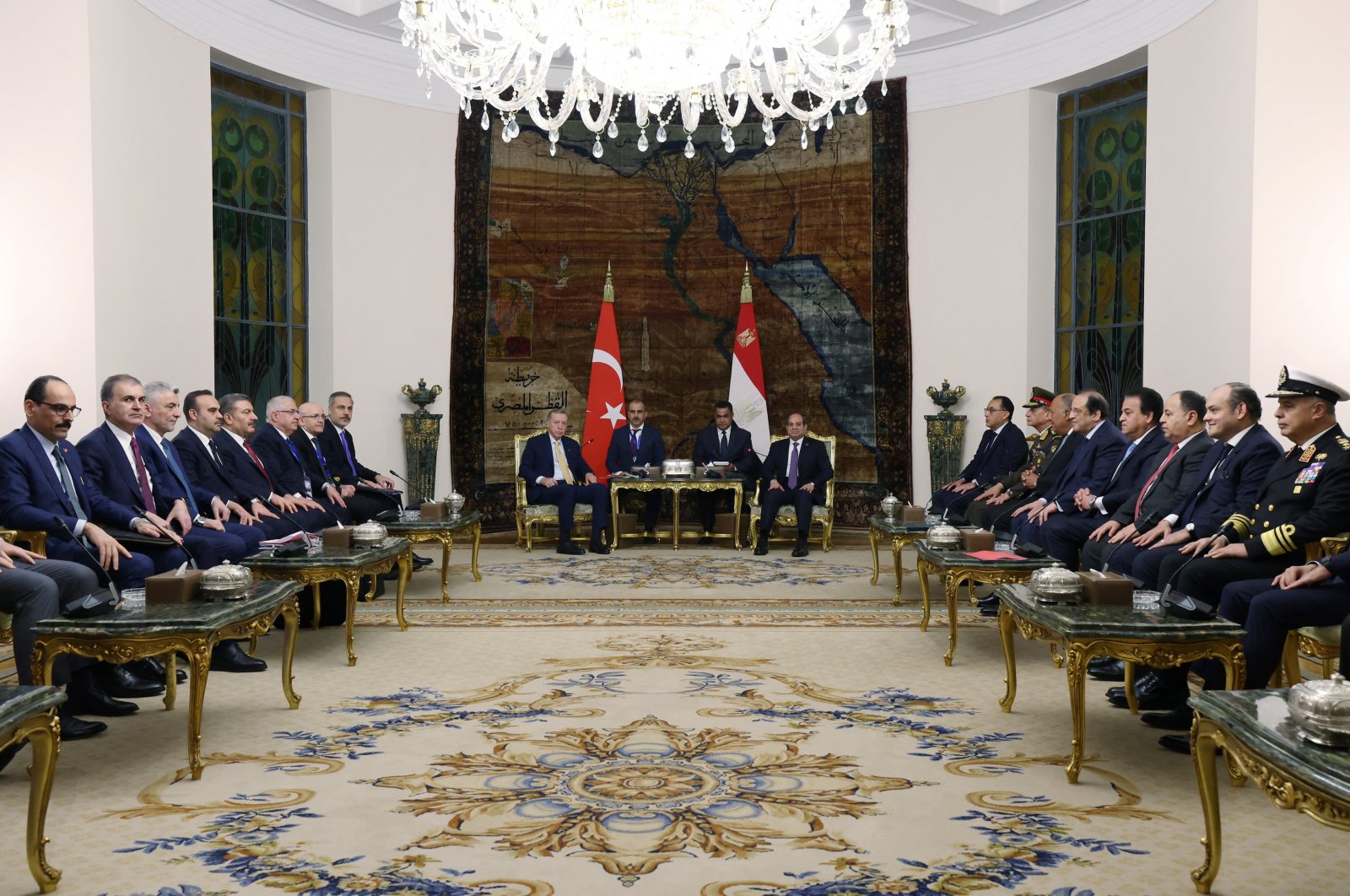 President Recep Tayyip Erdoğan meets with Egypt&#039;s President Abdel Fattah el-Sissi at Al-Ittihadiya Palace in Cairo, Egypt Feb.14, 2024. (Turkish Presidential Press Office/Handout via Reuters)