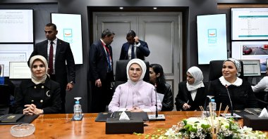 First lady Emine Erdoğan (C), Egyptian first lady Entissar Amer and Turkish Minister of Family and Social Services Mahinur Özdemir Göktaş visit the Egyptian Red Crescent, Cairo, Egypt, Feb. 14, 2024. (AA Photo)
