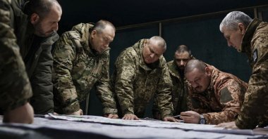 Ukraine&#039;s Commander-in-Chief of the Armed Forces Oleksandr Syrsky (2nd L) and Ukraine&#039;s Defence Minister Rustem Umerov (L) visit the frontline positions at an undisclosed location in eastern Ukraine, Feb. 14, 2024.