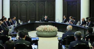 Armenian Prime Minister Nikol Pashinyan chairs a government meeting in Yerevan on Feb. 15, 2024. (AFP Photo / Armenian Government Handout)