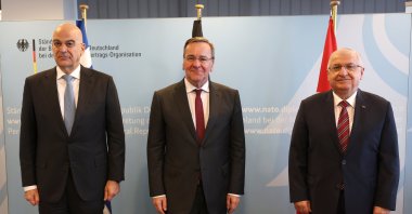 Defense Minister Yaşar Güler (right), German Defense Minister Boris Pistorius and Greek Defense Minister Nikos Dendias (left) pose for a photo in Brussels, Feb. 15, 2024. (AA Photo)