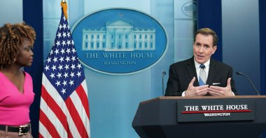 White House press secretary Karine Jean-Pierre listens as White House national security communications adviser John Kirby answers a question during a press briefing at the White House in Washington, U.S., Feb. 15, 2024. (Reuters Photo)