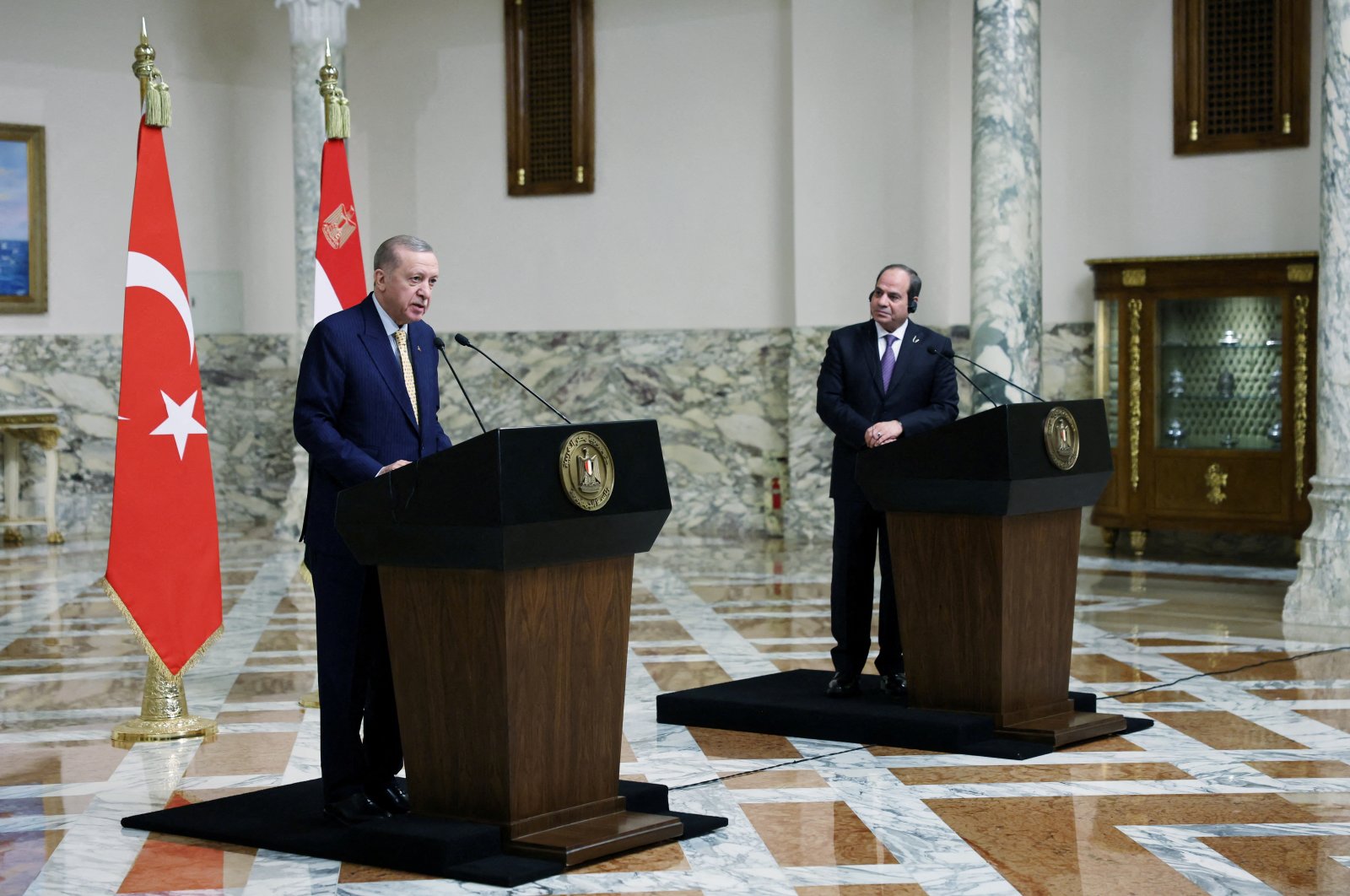 President Recep Tayyip Erdoğan (L) and Egyptian President Abdel-Fattah el-Sissi attend a news conference, Cairo, Egypt, Feb. 14, 2024. (Reuters Photo)