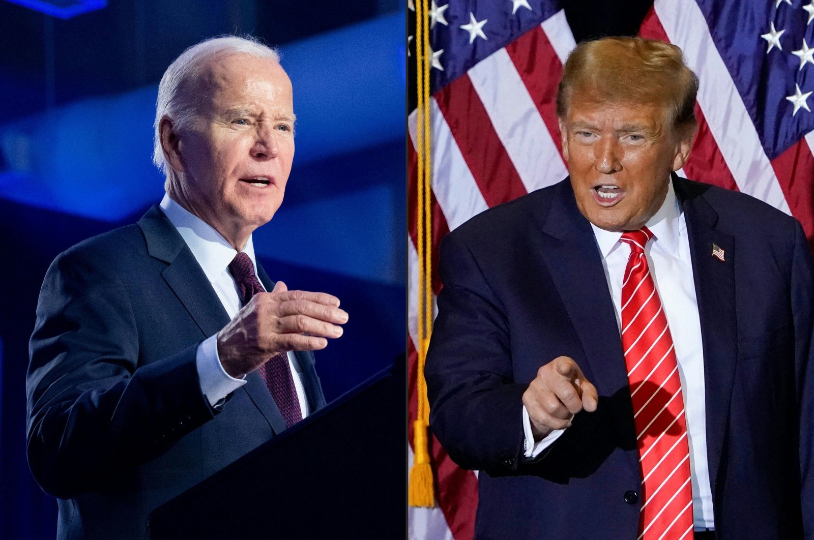 This combination of pictures created on Feb. 8, 2024, shows U.S. President Joe Biden speaking during a campaign rally at Pearson Community Center in Las Vegas, Nevada, U.S., Feb. 4, 2024; and Republican presidential hopeful and former U.S. President Donald Trump speaking at a campaign event in Concord, New Hampshire, U.S., Jen. 19, 2024. (AFP Photo)