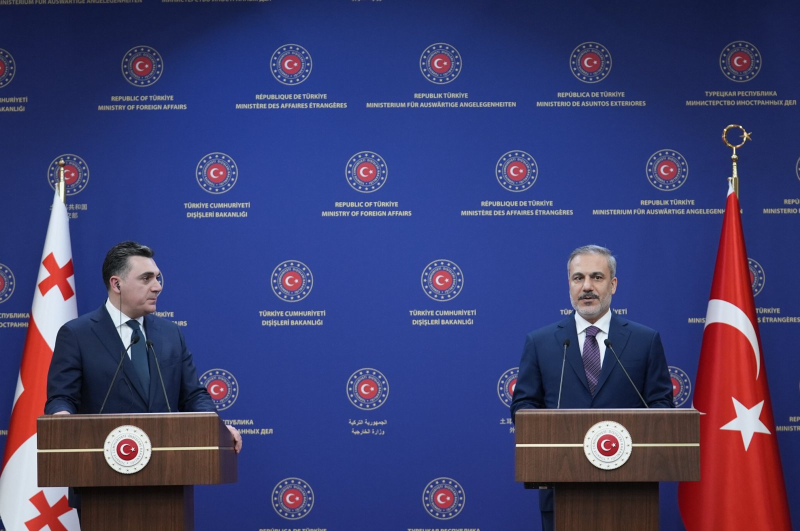 Foreign Minister Hakan Fidan (R) speaks at the news conference with his Georgian counterpart Ilia Darchiashvili, Ankara, Türkiye, Feb. 15, 2024. (AA Photo)