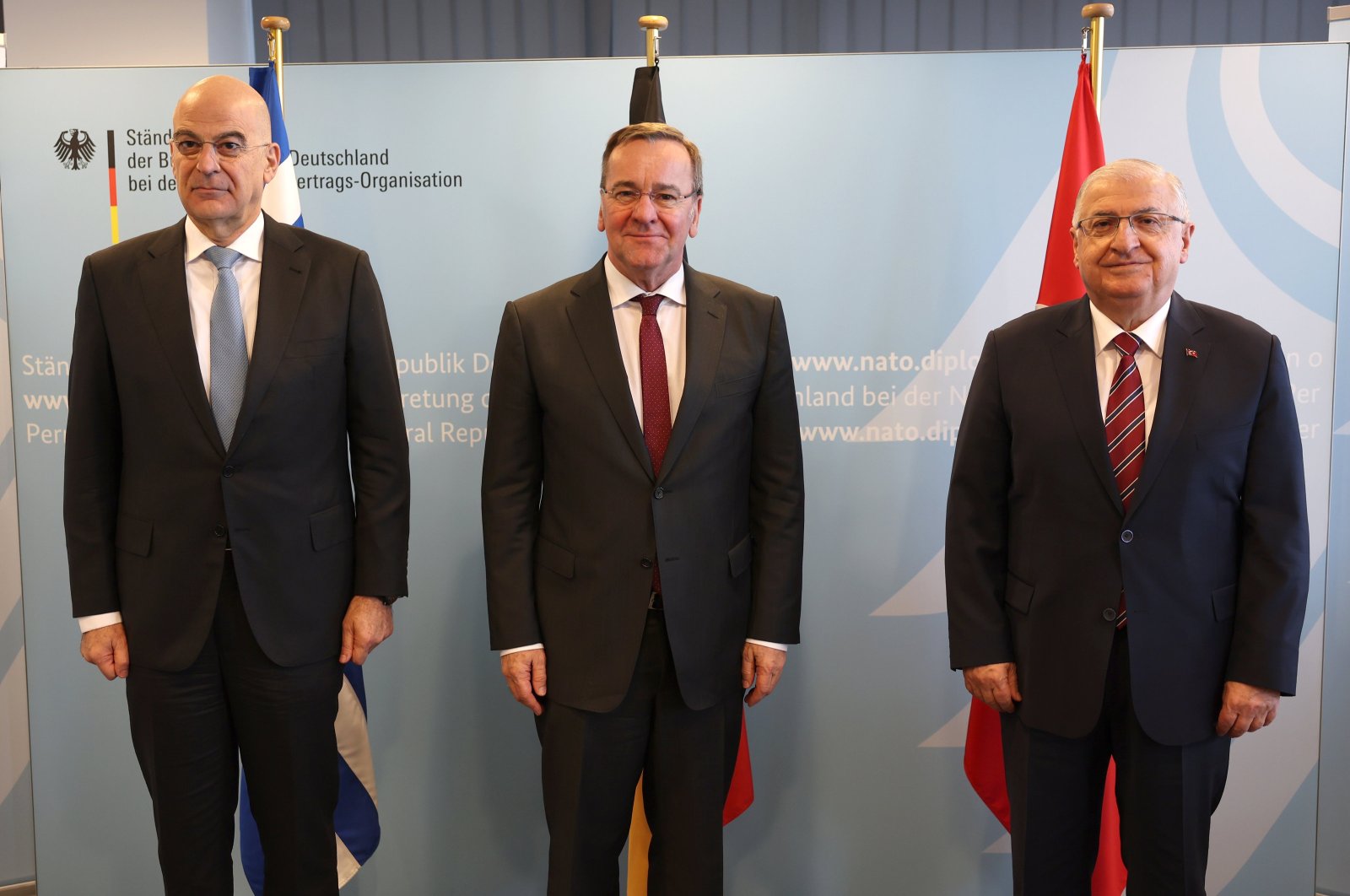 Defense Minister Yaşar Güler (right), German Defense Minister Boris Pistorius and Greek Defense Minister Nikos Dendias (left) pose for a photo in Brussels, Feb. 15, 2024. (AA Photo)