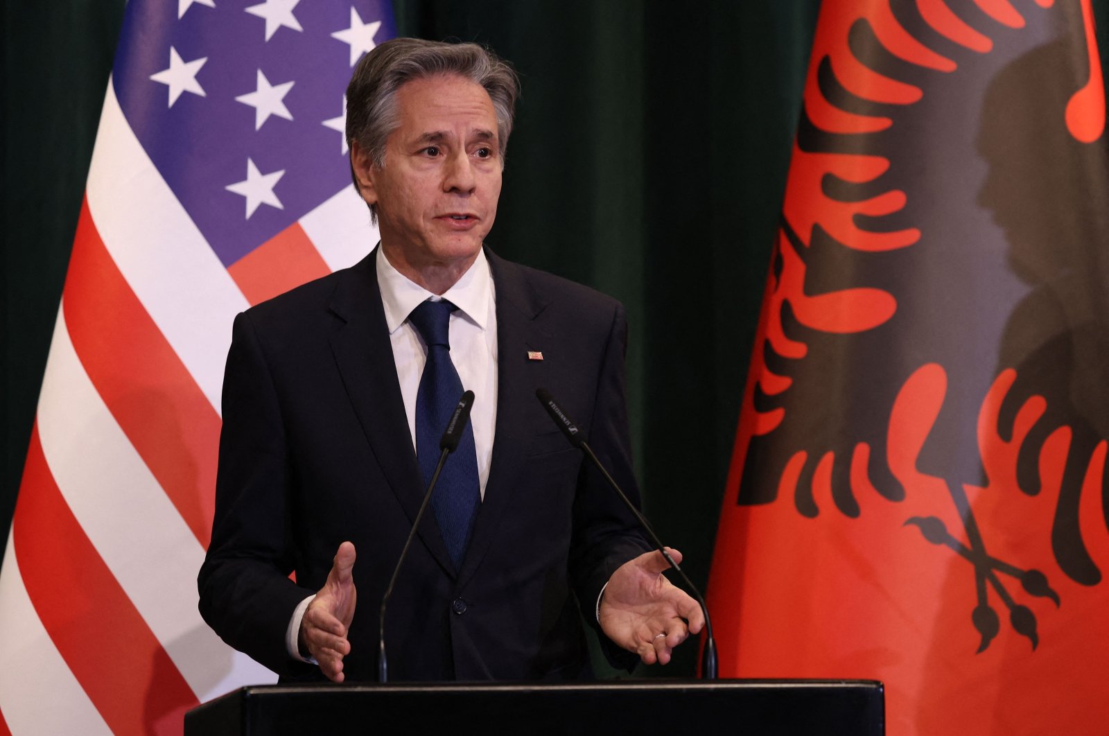 U.S. Secretary of State Antony Blinken speaks during a news conference with Albania’s Prime Minister in Tirana, Feb.15, 2024. (AFP Photo)