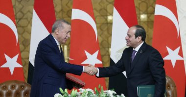 President Recep Tayyip Erdoğan and Egyptian President Abdel Fattah al-Sisi attend a signing ceremony in Cairo, Egypt, Feb. 14, 2024. (Reuters Photo)