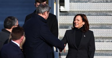 Bavarian Premier Markus Soeder (L) welcomes U.S. Vice President Kamala Harris (R) at the Munich International Airport who arrived to attend the 60th Munich Security Conference (MSC), Munich, Germany, Feb. 15, 2024. (EPA Photo)