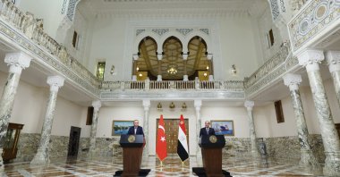 President Recep Tayyip Erdoğan and Egyptian President Abdel-Fattah el-Sissi (R) address the conference in Cairo, Egypt, Feb. 16, 2024. (IHA Photo)