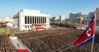 Soldiers welcomeNorth Korea&#039;s leader Kim Jong Un during his visit to the Ministry of National Defense in Pyongyang to mark the 76th founding anniversary of the Korean People&#039;s Army. (Photo by KCNA via AFP)