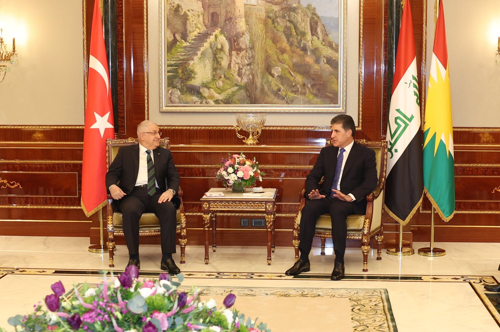 Defense Minister Yaşar Güler (L) meets with Nechirvan Barzani, the head of Iraq&#039;s Kurdish Regional Government (KRG), Irbil, Iraq, Feb. 7, 2024. (AA Photo)