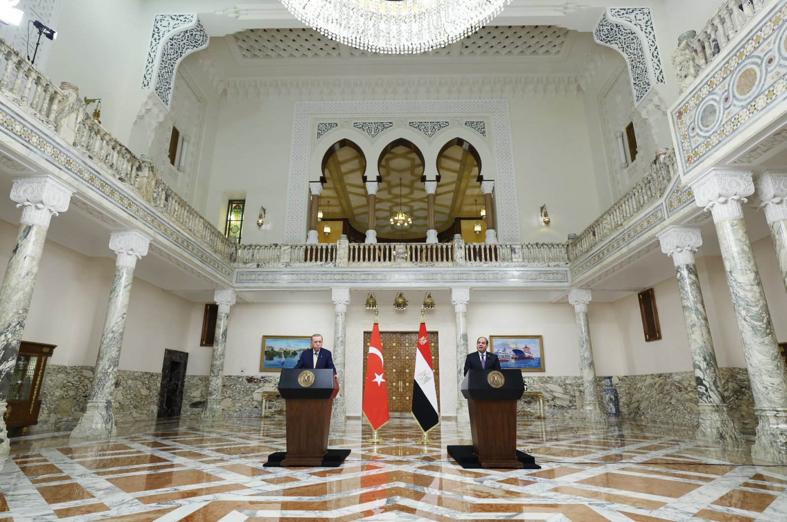President Recep Tayyip Erdoğan and Egyptian President Abdel-Fattah el-Sissi (R) address the conference in Cairo, Egypt, Feb. 16, 2024. (IHA Photo)