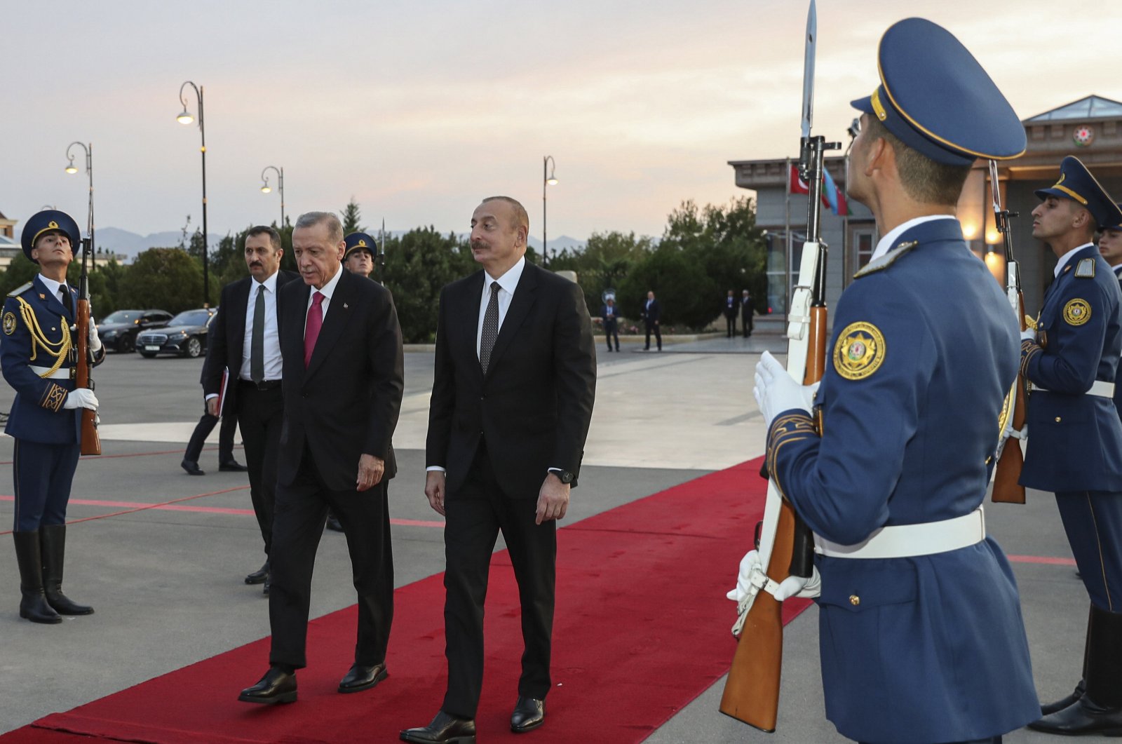 Azerbaijan&#039;s President Ilham Aliyev (C-R) and President Recep Tayyip Erdoğan attend a farewell ceremony at the airport during a visit to the Nakhchivan Autonomous Republic, Azerbaijan, Sept. 25, 2023. (EPA Photo)