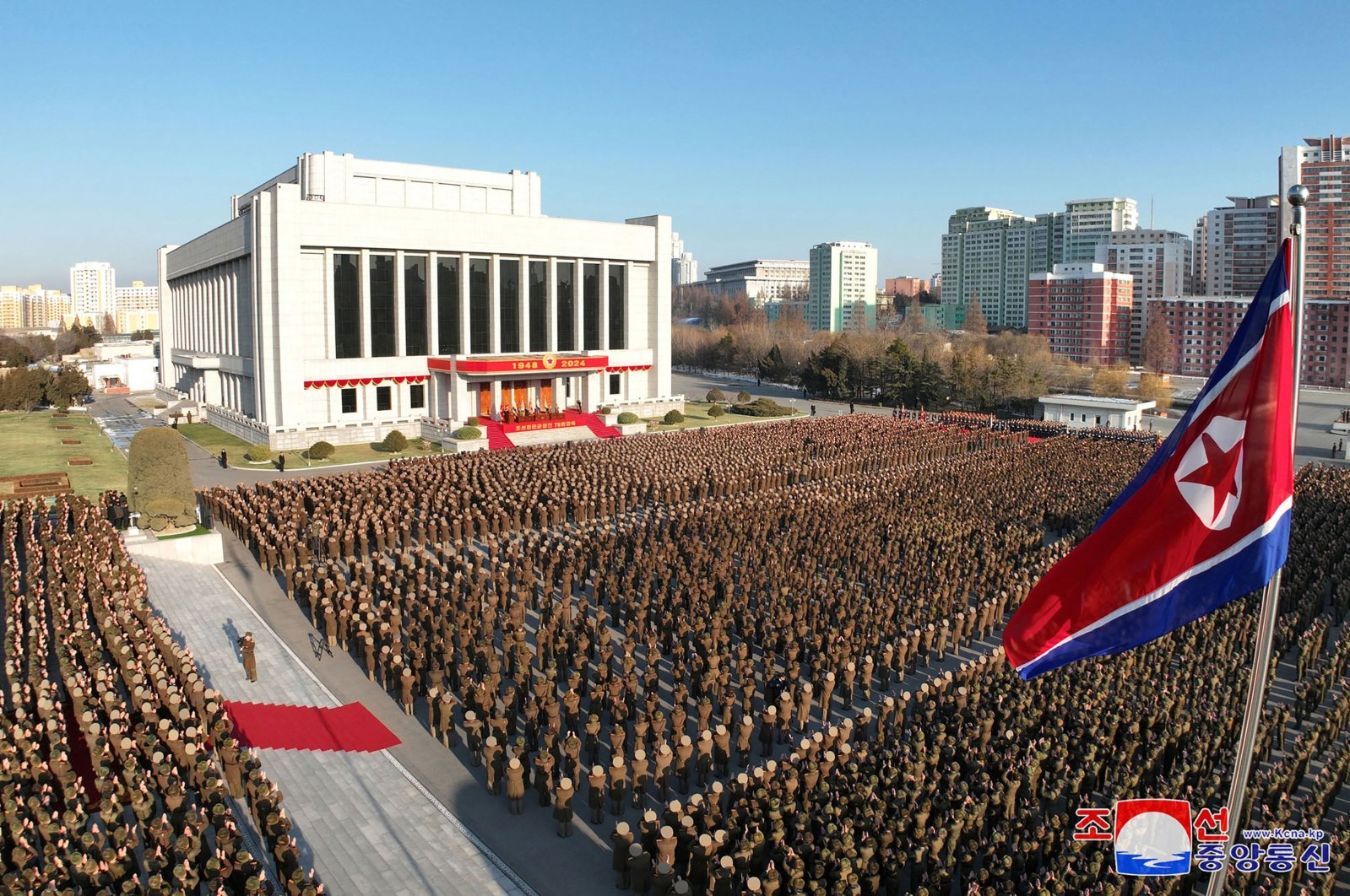 Soldiers welcomeNorth Korea&#039;s leader Kim Jong Un during his visit to the Ministry of National Defense in Pyongyang to mark the 76th founding anniversary of the Korean People&#039;s Army. (Photo by KCNA via AFP)