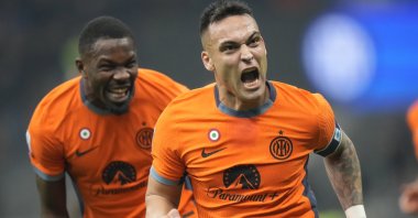Inter Milan's Lautaro Martinez (R) celebrates with his teammate Marcus Thuram after a goal against Salernitana, Milan, Italy, Feb.16, 2023. (AP Photo)