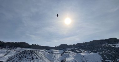 Van Castle, overlooking the ancient city from the hilltop, was constructed during the Urartian period, which flourished between the ninth and sixth centuries B.C., Van, Türkiye, Feb. 12, 2024. (Photo by Buse Keskin)