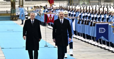 President Recep Tayyip Erdoğan (L) and Azerbaijani President Ilham Aliyev attend the welcoming ceremony, in the capital Ankara, Türkiye, Feb. 19, 2024. (AA Photo)