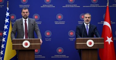 Foreign Minister Hakan Fidan (R) speaks at a joint news conference with his Bosnian counterpart Elmedin Konakovic, in the capital of Ankara, Türkiye, Nov. 16, 2023. (AA Photo)