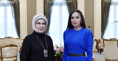 First Lady Emine Erdoğan and Azerbaijani counterpart and Vice President Mehriban Aliyeva in Ankara, Feb. 19, 2024. (AA Photo)