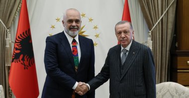 President Recep Tayyip Erdoğan, Albanian Prime Minister Edi Rama shake hands in the capital Ankara, Türkiye, Oct. 12, 2022. (AA File Photo)