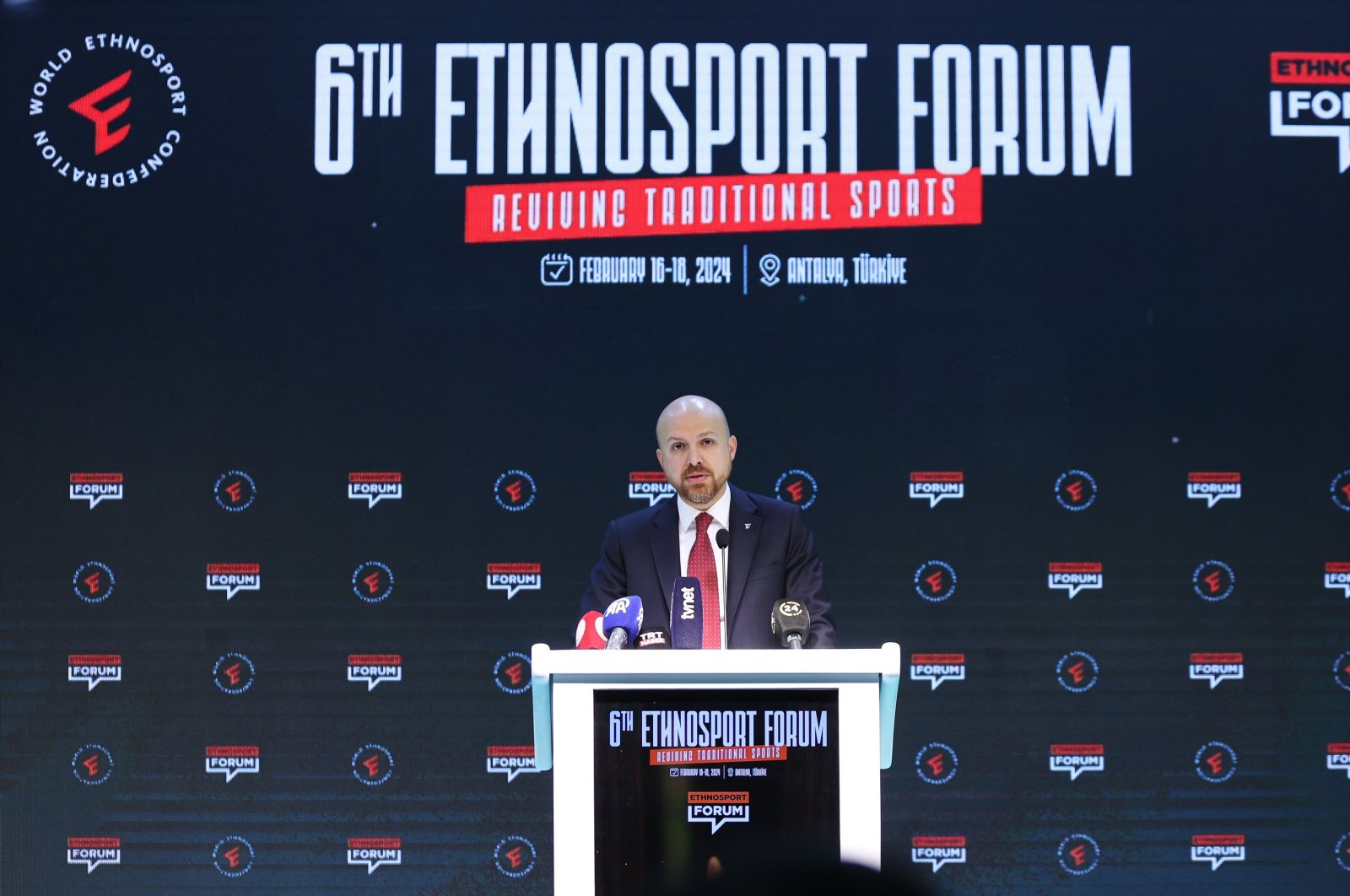 World Ethnosport Confederation (WEC) President Necmettin Bilal Erdoğan speaks during the Ethnosport Forum, Antalya, Türkiye, Feb. 17, 2024. (AA Photo)