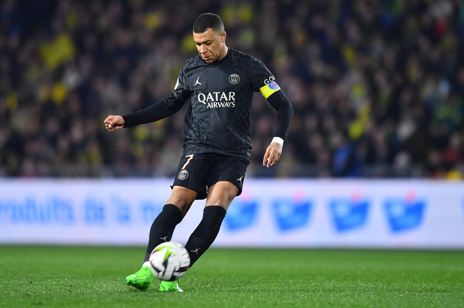 Paris Saint-Germain&#039;s Kylian Mbappe in action during the French Ligue 1 match against Nantes, Nantes, France, Feb. 17, 2024. (EPA Photo)