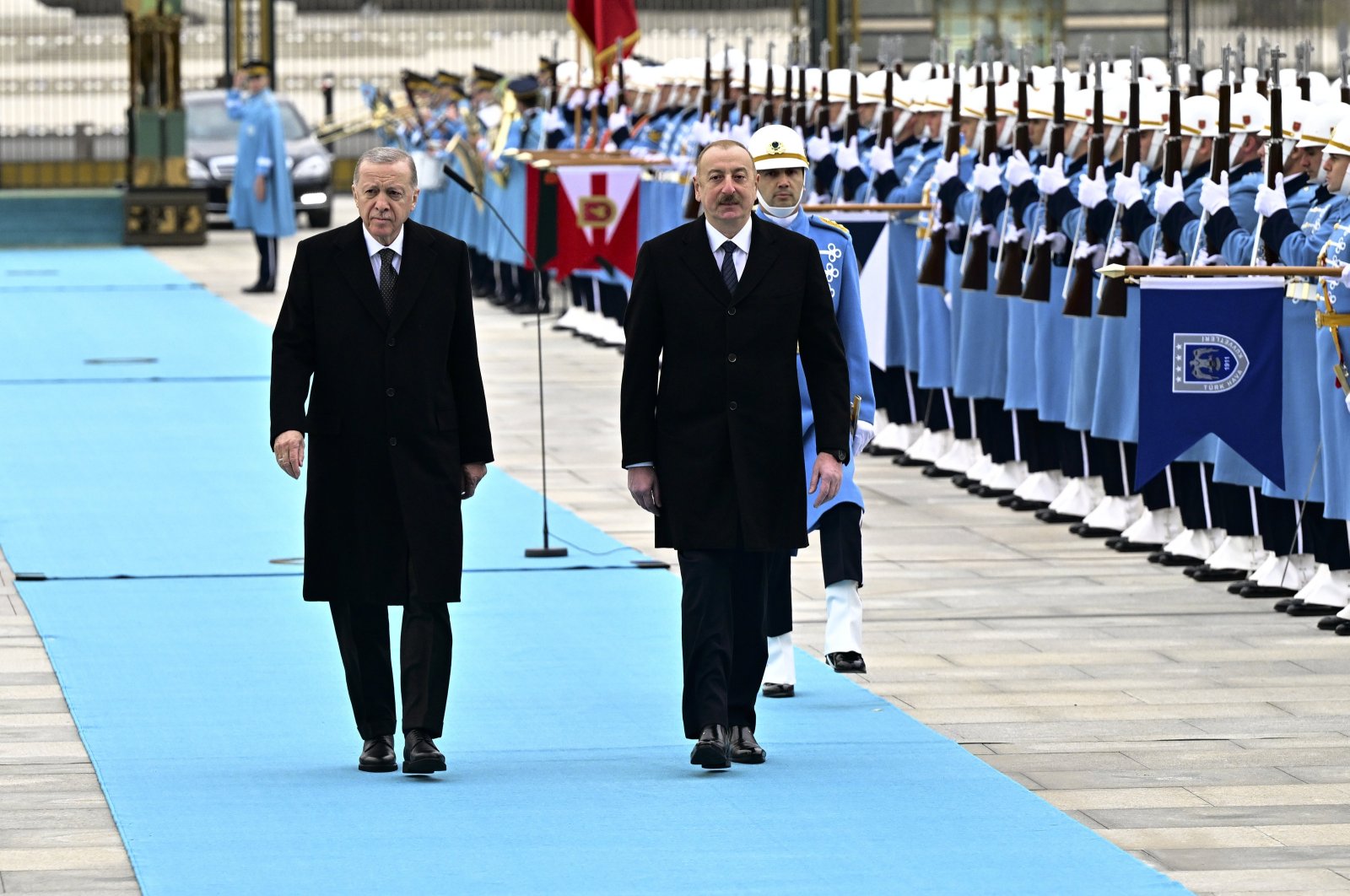 President Recep Tayyip Erdoğan (L) and Azerbaijani President Ilham Aliyev attend the welcoming ceremony, in the capital Ankara, Türkiye, Feb. 19, 2024. (AA Photo)