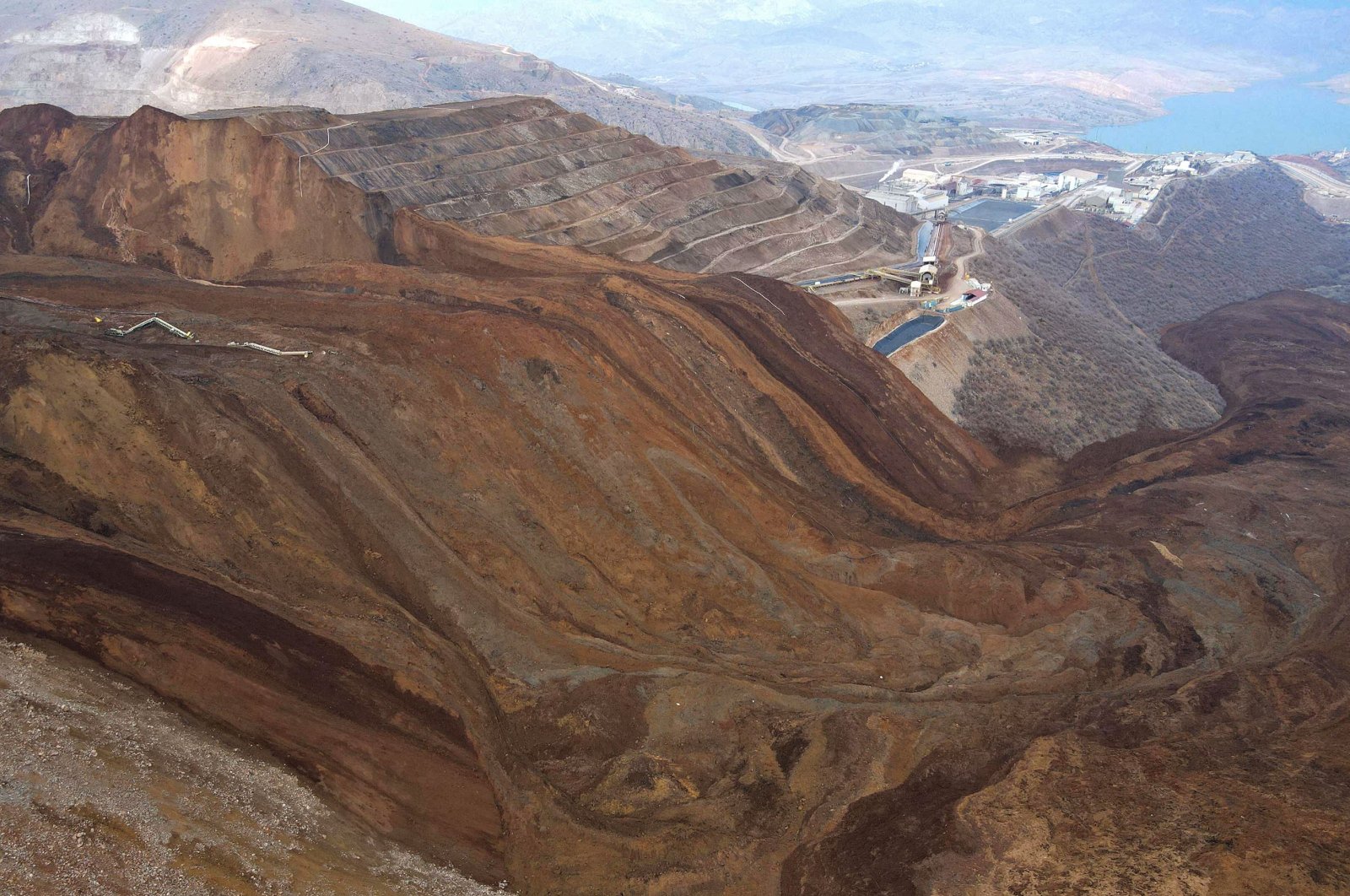 An aerial view of the area following a substantial landslide affecting a vast area surrounding the gold mine in the Iliç district of Erzincan, eastern Türkiye, Feb. 14, 2024. (DHA Photo)