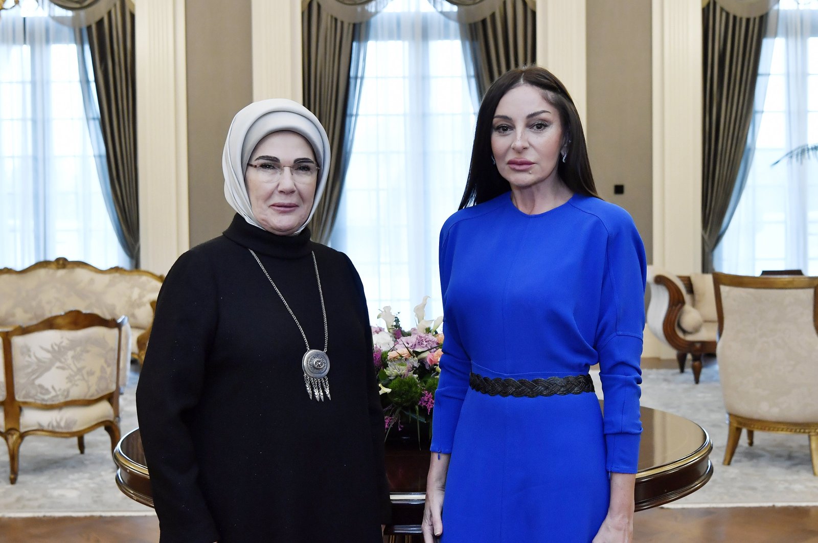 First Lady Emine Erdoğan and Azerbaijani counterpart and Vice President Mehriban Aliyeva in Ankara, Feb. 19, 2024. (AA Photo)