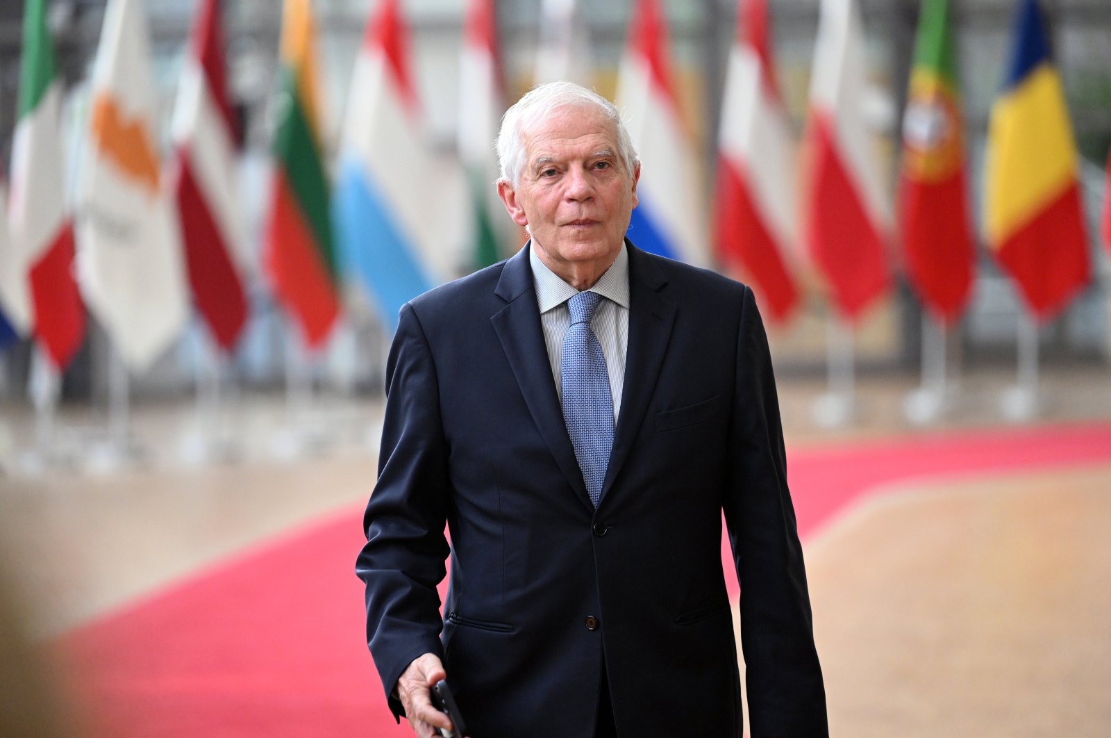 High Representative of the European Union for Foreign Affairs and Security Policy Josep Borrell arrives at the bloc&#039;s headquarters in Brussels to attend a Foreign Affairs Council (FAC) meeting, Feb.19, 2024. (AA Photo)